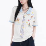 Unisex Y2K Cartoon Graphic Polo T-Shirt 🤍 Cute Tie Print Oversized Tee | Korean Casual Summer Streetwear Top