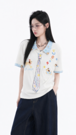 Unisex Y2K Cartoon Graphic Polo T-Shirt 🤍 Cute Tie Print Oversized Tee | Korean Casual Summer Streetwear Top