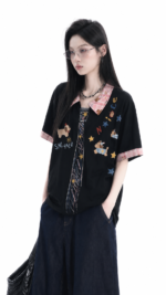 Unisex Y2K Cartoon Graphic Polo T-Shirt 🤍 Cute Tie Print Oversized Tee | Korean Casual Summer Streetwear Top - Image 2
