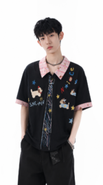 Unisex Y2K Cartoon Graphic Polo T-Shirt 🤍 Cute Tie Print Oversized Tee | Korean Casual Summer Streetwear Top - Image 4