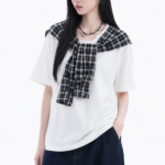 Unisex Korean Preppy Layered Scarf T-Shirt 🤍 Plaid Fake Two-Piece Oversized Tee | Casual Summer Streetwear Top