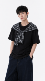 Unisex Korean Preppy Layered Scarf T-Shirt 🤍 Plaid Fake Two-Piece Oversized Tee | Casual Summer Streetwear Top - Image 4