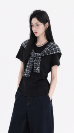 Unisex Korean Preppy Layered Scarf T-Shirt 🤍 Plaid Fake Two-Piece Oversized Tee | Casual Summer Streetwear Top - Image 2