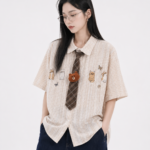 Unisex Kawaii Cat Embroidered Shirt 🤎 Cute Tie Oversized Short Sleeve | Japanese Preppy Summer Casual Top