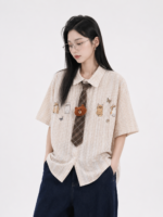 Unisex Kawaii Cat Embroidered Shirt 🤎 Cute Tie Oversized Short Sleeve | Japanese Preppy Summer Casual Top