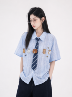 Unisex Kawaii Cat Embroidered Shirt 🤎 Cute Tie Oversized Short Sleeve | Japanese Preppy Summer Casual Top - Image 2