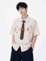 Unisex Kawaii Cat Embroidered Shirt 🤎 Cute Tie Oversized Short Sleeve | Japanese Preppy Summer Casual Top - Image 4