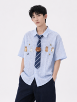 Unisex Kawaii Cat Embroidered Shirt 🤎 Cute Tie Oversized Short Sleeve | Japanese Preppy Summer Casual Top - Image 5