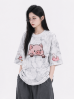 Unisex Y2K Pig Embroidered Tie-Dye T-Shirt 🩶 Cute Cartoon Oversized Tee | Korean Casual Summer Streetwear Top - Image 2