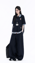 Unisex Korean Layered Polo T-Shirt 💙 Cartoon Embroidered Oversized Tee | Preppy Casual Summer Streetwear Top - Image 2