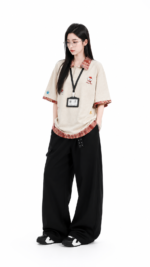 Unisex Korean Layered Polo T-Shirt 💙 Cartoon Embroidered Oversized Tee | Preppy Casual Summer Streetwear Top
