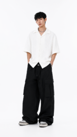 Unisex Wide Leg Cargo Pants 🤍 Relaxed Fit Drawstring Utility Trousers | Korean Casual Streetwear Bottoms - Image 3