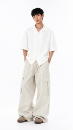 Unisex Wide Leg Cargo Pants 🤍 Relaxed Fit Drawstring Utility Trousers | Korean Casual Streetwear Bottoms - Image 4