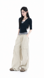 Unisex Wide Leg Cargo Pants 🤍 Relaxed Fit Drawstring Utility Trousers | Korean Casual Streetwear Bottoms