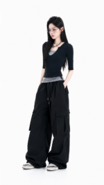 Unisex Wide Leg Cargo Pants 🤍 Relaxed Fit Drawstring Utility Trousers | Korean Casual Streetwear Bottoms - Image 2