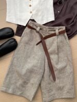 Unisex High-Waisted Tailored Bermuda Shorts (Linen-Blend) 🤎 Relaxed French-Style Shorts | Minimalist Casual & Workwear Shorts - Image 4