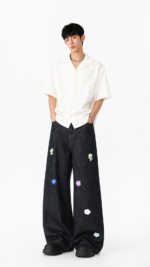 Unisex Puppy Embroidered Wide Leg Pants 🐶 High Waist Baggy Casual Trousers | Korean Streetwear - Image 6