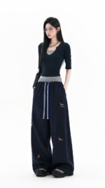 Unisex Puppy Embroidered Wide Leg Pants 🐶 High Waist Baggy Casual Trousers | Korean Streetwear - Image 2