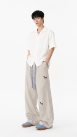 Unisex Puppy Embroidered Wide Leg Pants 🐶 High Waist Baggy Casual Trousers | Korean Streetwear - Image 4