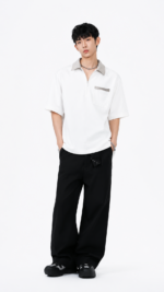 Unisex Minimal Zip Polo Shirt 🤍 Clean Fit Relaxed Tee | Korean Casual Essential - Image 4