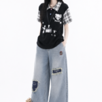 Unisex Y2K Plaid Polo Tee 🧸 Oversized Cartoon Streetwear | Harajuku Casual Top
