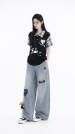 Unisex Y2K Plaid Polo Tee 🧸 Oversized Cartoon Streetwear | Harajuku Casual Top