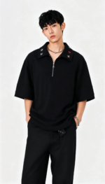 Unisex Half-Zip Polo Oversized T-Shirt 🖤 Minimal Streetwear Tee | Loose Fit Casual Summer Top - Image 3