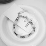 White Cat Eye Silver Beaded Bracelet Adjustable Unisex - Image 4