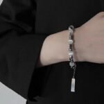 White Cat Eye Silver Beaded Bracelet Adjustable Unisex - Image 3