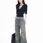 Y2K Distressed Wide-Leg Jeans 🩶 Vintage-Wash Baggy Trousers | Korean Streetwear Style (Unisex)