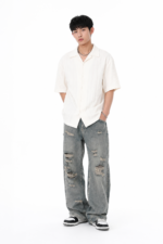 Y2K Distressed Wide-Leg Jeans 🩶 Vintage-Wash Baggy Trousers | Korean Streetwear Style (Unisex) - Image 2